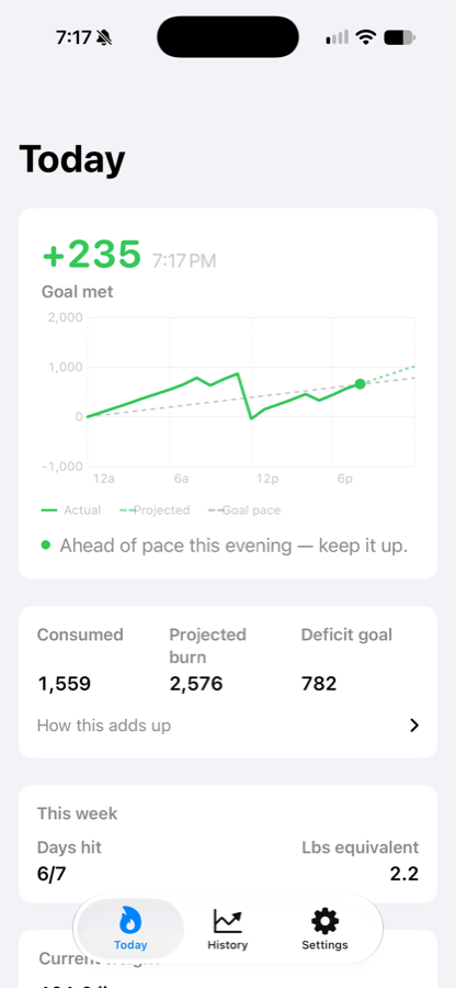 The Today screen: a single large figure for how much room is left, above a burndown curve tracking against the goal line.